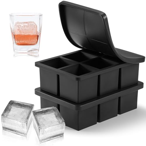 Image of Nax Caki Large Ice Cube Tray with Lid Pack of 2, Stackable 2 Inch Big Silicone Square Ice Cube Mold for Whiskey Cocktails Bourbon Soups Frozen Treats, BPA Free