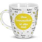 Kultige Tasse mit sonnigem Gelb mit folgenden Maßen: Durchmesser: 9, 5 cm, Höhe: 10, 5 cm, Volumen: 45 cl