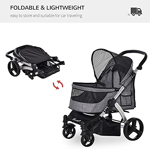 PawHut Pet Stroller Foldable Dog Cat Travel Carriage with Adjustable Handlebar PVC Wheel Brake Storage Bag Mesh Window… - Image 5