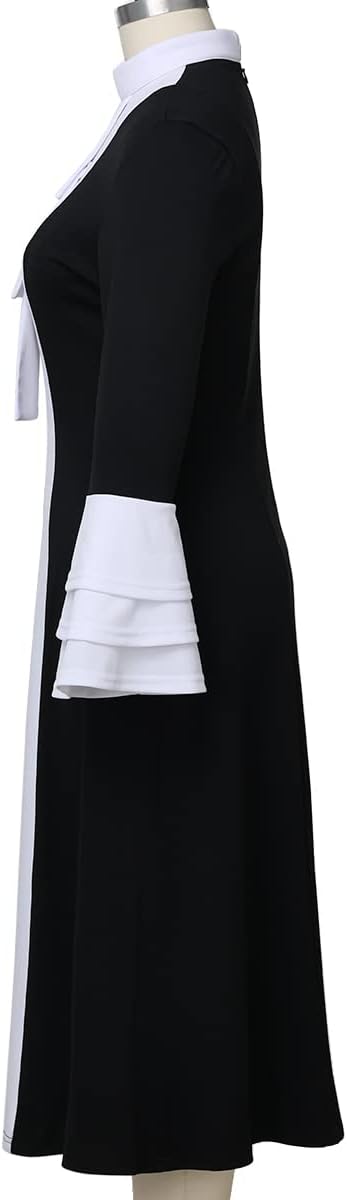Church Clergy Dress for Women Minister Spring/Autumn A Line Long Sleeve Black White Patchwork Dress with Tab Collar - Image 7