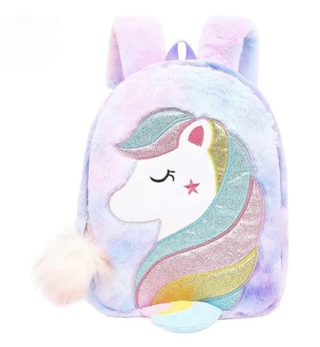 Image of Backpack- Cute Plush Unicorn Furry Furr Toddler Small Backpack /Princess Cute Small Bags for Nursery, Soft Lightweight Travel Bags for Girls | Little Plush Unicorn Theme Bag ||