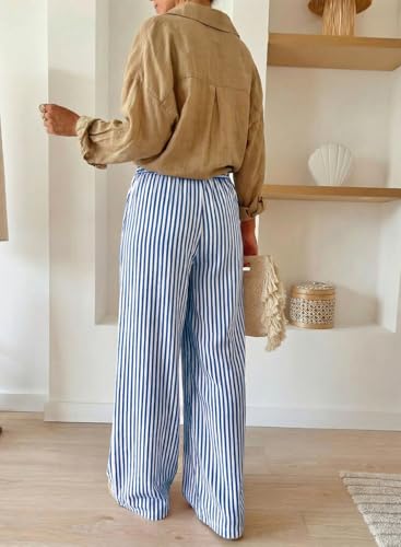 Image of Acelitt Women Casual Drawstring Elastic Waist Striped Wide Leg Pants with Pockets, S-XXL
