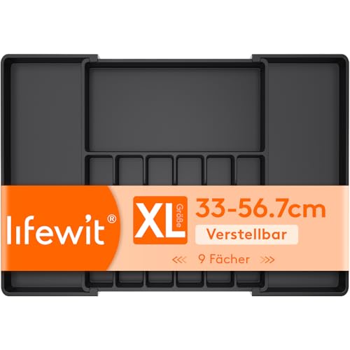 Lifewit Besteckkasten für Schubladen 40 50, verstellbarer Kunststoff Organizer Küche Tiefe 47 cm, Besteckeinsatz 6-8 Fächer, erweiterbar bis 84 cm, für Löffel, Gabeln und Geschirr, Schwarz