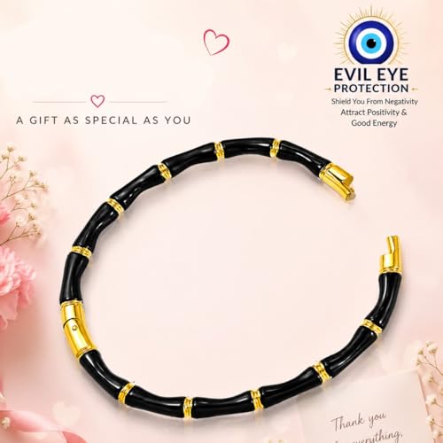 Image of Black Bamboo Evil Eye Gold Plated Stainless Steel Cuff Bracelet for Women | Nazar Bangle | Waterproof & Anti-Tarnish | Stylish Gift for Women