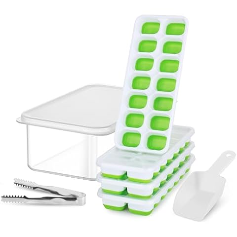 Ice Cube Tray with Lid and Bin, Jrisbo 4 Pack Silicone Ice Cube Trays for Freezer with Ice Container, Easy Release Stackable Ice Trays with Ice Tong, Ice Scoop for Cocktails, Baby Food, Beer Cover