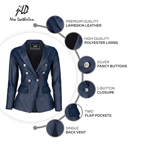 Double Breasted Fancy Buttons Lambskin Leather Blazer Women - Kim Kardashian Long Sleeve Coat Style Leather Jacket Women (Blue, Xl) #TOP2