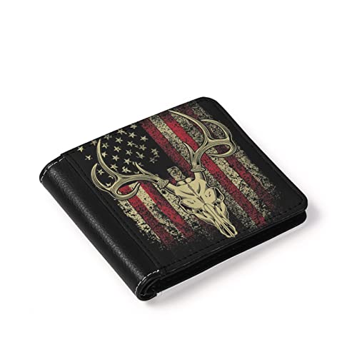 Ledback American Flag Skull Deer Hunting Print Bifold Wallets For Men Pu Leather Slim Credit Card Case Holder Money Organizers #TOP2