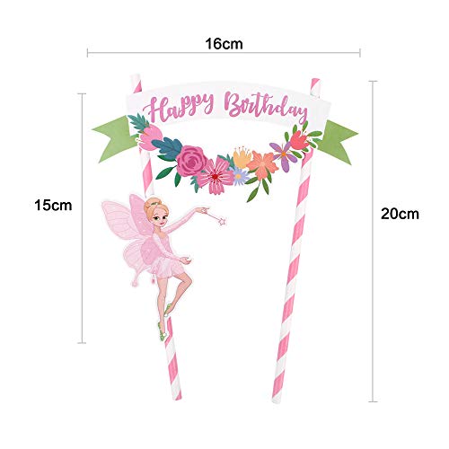 Unimall Flower Fairy Happy Birthday Cake Topper Cute Children Love Design Cake Top Flag Pixie Cupcake Topper Banner Baby Shower Bridal Wedding Decoration Party Supply #TOP2