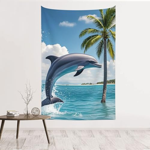 Tapisserie murale dauphins et palmiers en velours de peche 152x101 cm