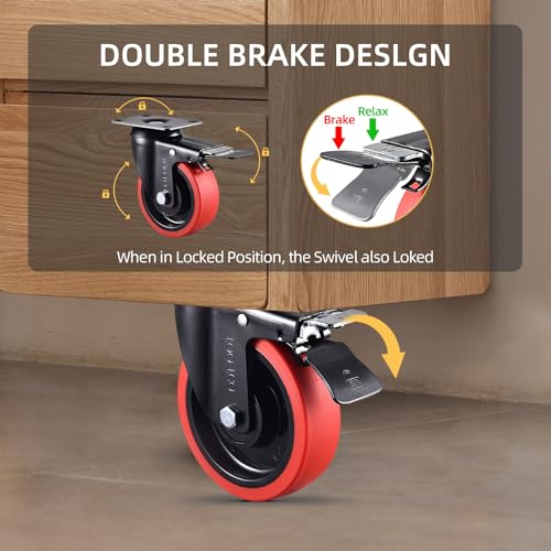 Lourds 5 Roues de Roue de Inch 4 3000Lbs Capacité Silencieux pivotant avec frein & Rigide TPR Roues en caoutchouc Verrouillage industriel Roulettes de plaque pour le panier Meubles Workbench 2 Fixé & 2 Roulement avec frein