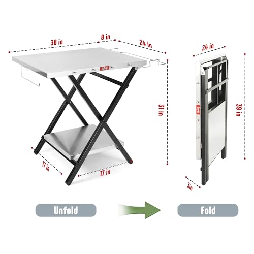 Feasto Foldable Grill Table with Extra Storage Bottom Shelf, Outdoor Indoor Foldable Outdoor Grill Stand Table with Garage Rack & Tissue Holder,Easy Set-up, 30\" x 24\", Silver
