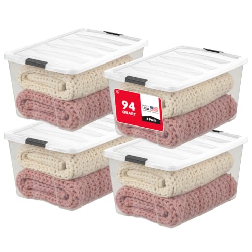 Image of IRIS USA 94 Qt Stackable Storage Bins with Lids, 4 Pack, Clear Plastic | Large clear bins stack securely for clothing, blankets, holiday decor, garage storage, moving, and seasonal organization.