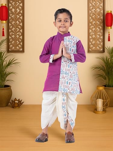 Image of Kids Ethnic Wear - Stylish Half Printed & Vibrant Color Pure Cotton Kurta with Elastic Waist Dhoti Set for Boys