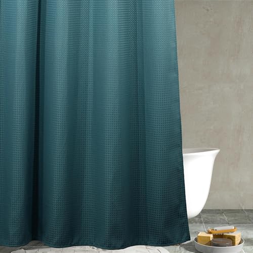 Popkozzi Teal Green Waffle Shower Curtain: Turquoise Heavy Duty Textured Fabric Shower Curtains for Bathroom - 256 GSM Water Repellent Washable Thick Polyester Cloth Bath Curtain - 72x72