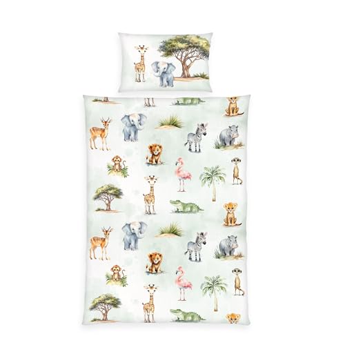 Herding babybest Parure de lit Safari, Taie d'oreiller env. 40 x 60 cm, Housse de Couette env. 100 x 135 cm, Avec Rabat et fermeture éclair de qualité, 100%...