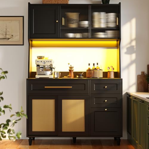 PUGSDRLY Buffet de Cuisine avec éclairage LED,Vitrine,Meuble de Rangement avec étagères réglables et Porte coulissante,Buffet Haut pour Cuisine,Salon et...