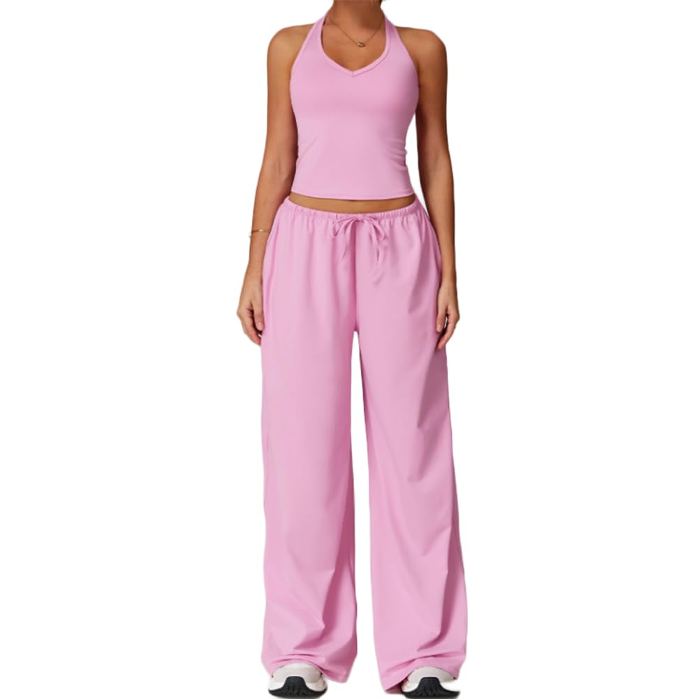 XYFfybhsd Active Wear Sport Woman Flare Pants Gym Fitness Sets 2 Piece Sexy Yoga Outfit Apparel(Size:S,Color:Pink)