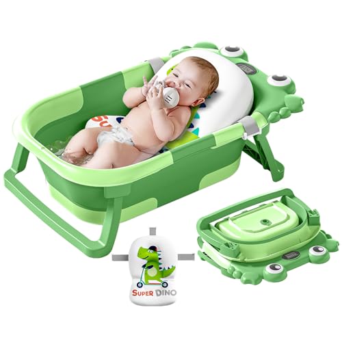 Collapsible Baby Bathtub for Newborns to Toddler with Real-time Temp Monitor &amp; Floating Cushion,Portable Travel Tub for 0-36 Month, Foldable Baby Bath Tub for Infants(Vivid Green)