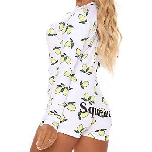Yccutest Women Sexy Clothes Fruit Print Sleeping Romper Slim Fit Long Sleeve Deep V-Neck Bodysuit Button Jumpsuit Girls Outfits (White Lemon,XL)