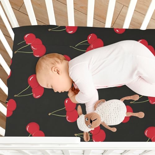 Image of Caikeny Fitted Crib Sheet for Boys Girls Red Cherry Black Baby Crib Sheets Bassinet Sheets Crib Mattress Bed Sheets for Toddler Newborn Infant 27 x 39 in