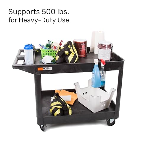 Tubstr Extra Large Two-Shelf Utility Cart with Wheels | 500 lb. Capacity Rolling Utility & Tool Cart for Warehouses, Industrial Settings, Auto Garages, & More (Black, 45.5 x 24.5)