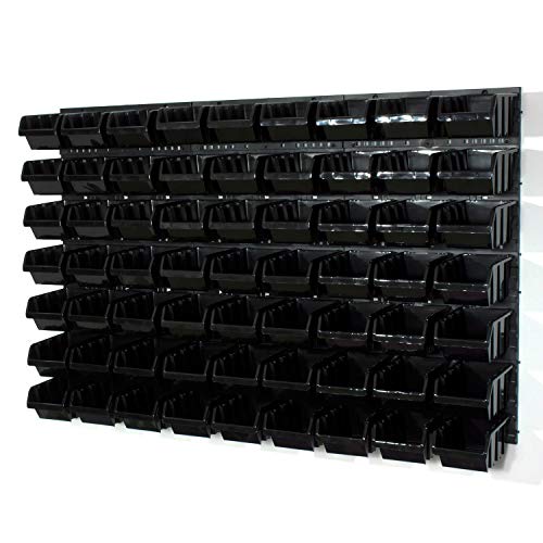 63 black M size storage bins with wall mounted panel