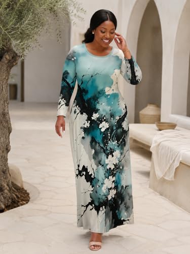Image of PinkPatty Plus Size Maxi Dress for Curvy Women Crew Neck Long Sleeves Casual Dress Vacation Sundresses with Pockets