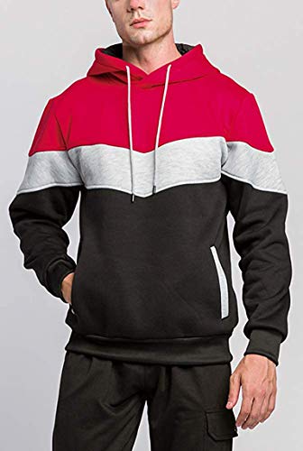 Wielsscca Mens Hoodies Pullover Color Block Fleece Sweatshirt Tops With Pocket Red L #TOP3