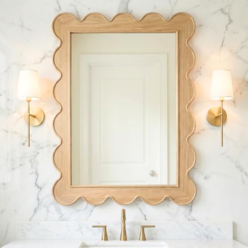 CAALMA Scalloped Wall Mirror 24 x 36 Rectangular Bathroom Mirror Mirrors for wall Decor Wooden Frame Mirrors for wall Decorative Vanity Mirror Nursery Decor Entryway Mirror Wall Mounted Mirror
