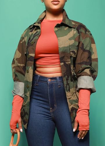 Camo Jacket for Women Long Sleeve Button Down Army Fatigue Camouflage Denim Outwear Coat with Pockets2