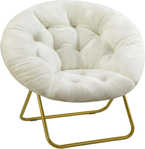 HealSmart Saucer Chair, Comfy Faux Fur Chair for Bedroom, Saucer Chairs for Adults, Teens, Round Shaped Moon Chair with Foldable Metal Frame, White by HealSmart - Used condition - US$42.78