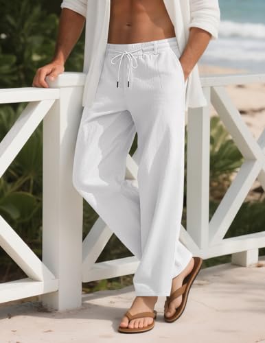 Men's Casual Linen Pants Elastic Waist Drawstring Summer Beach Lightweight Trouser with Pockets4