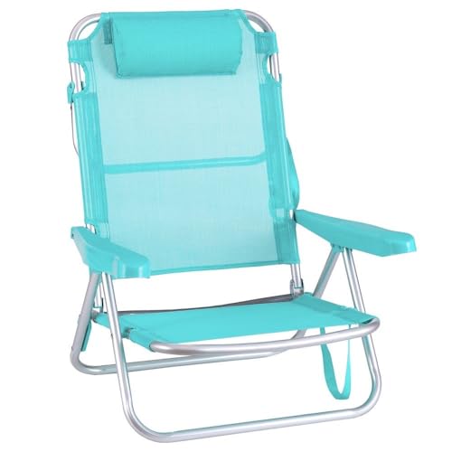 LOLAhome Silla Playa Plegable | Ligera Portátil | Baja y Reclinable de 4 Posiciones con cojín | para Camping, Piscina, Terraza o Jardín Aguamarina