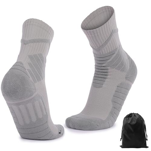 voofly Compression Crew Athletic Socks with Cushion for Men, Running Hiking Basketball Socks Moisture-Wicking Anti-Blister Gray