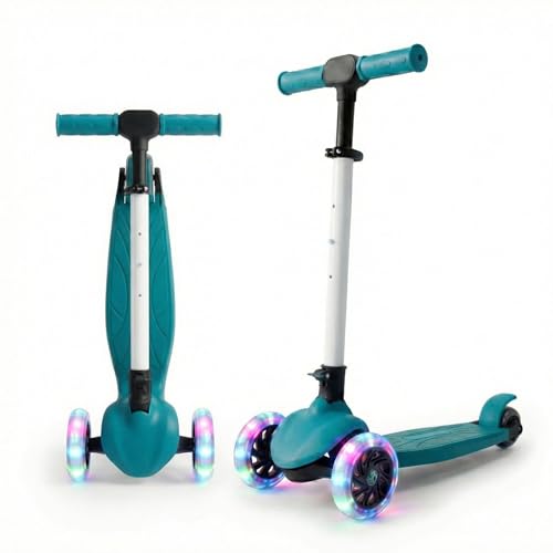 Image of STREETJAM Zoltra LED Wheel Kids Kick Scooter 3-12 Years, LED Light Wheels, BIS Approved, Lean-to-Steer, Extra Wide Deck, Vibrant Two-Tone Design, Up to 50 kg Load (Turkish Green with Ivory White)