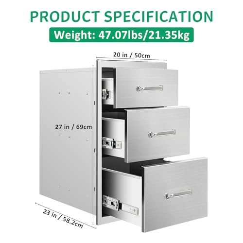 Image of Outdoor Kitchen Drawers 20 inch W x 27 inch H x 23 inch D Stainless Steel Triple Drawers with Ergonomic Handle for BBQ Island, Patio Grill Station & Outdoor Kitchen Cabinets