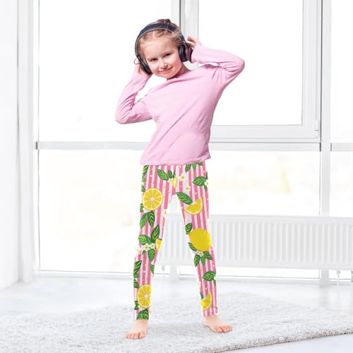 Lemon Flower Pink Stripe Girls Leggings Soft Stretch Workout Yoga Dance Pants for Kids Casual Tights4