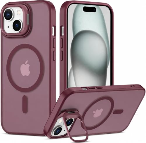 Image of Elzzi Kickstand Case for iPhone 15 Case Compatible with MagSafe, Built-in Adjustable Camera Guard Stand, Translucent Matte Anti-Fingerprint Heavy Duty Shockproof Phone Cover - Cherry