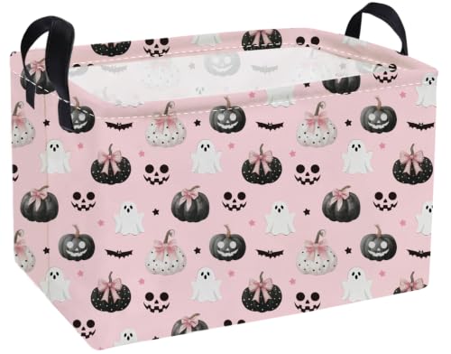 Image of Essme Rectangular Halloween Baskets,Ghost Storage Box,Cute Basket for Kids with Handles for Room Decor, Book Bins,Shelf Basket.(Bow Ghost)