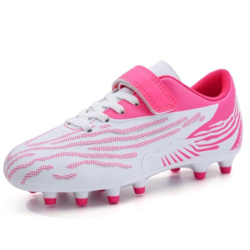 brooman Kids Firm Ground Soccer Cleats Boys Girls Athletic Football Shoes (3.5,White Pink)