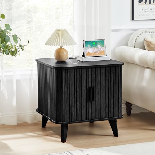 Image of 24 inch Square Side Table with Charging Station, Fluted Nighstand with Storage & Sliding Door, Large Wood End Table for Bedroom, Living Room (Square, Black)
