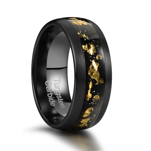 Zillaly Men's 8mm Black/Gold Tungsten Carbide Wedding Ring Nebula Galaxy Wedding Promise Gold Foil Inlay Real Meteorite Matte Bevel Comfort Fit (8mm black tungsten gold foil, 12)