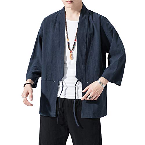 Image of PRIJOUHE Men's Kimono Jackets Cardigan Lightweight Casual Cotton Blends Linen Seven Sleeves Open Front Coat Outwear