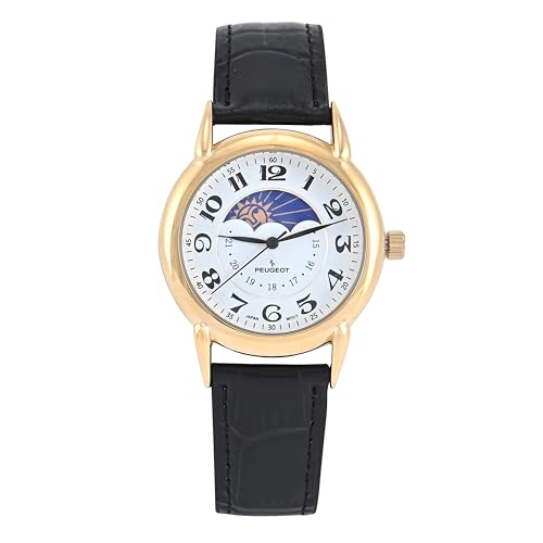 Peugeot Men's 14k Gold Plated Dress Watch - Vintage with Lunar Window and Crocodile-Embossed Leather Strap