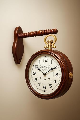 Image of Double-Sided Wall Clock | 12 Inch Roman Numeral Hanging Station Clock with Wooden Bracket | Antique Home & Cafe Decor (Brass)