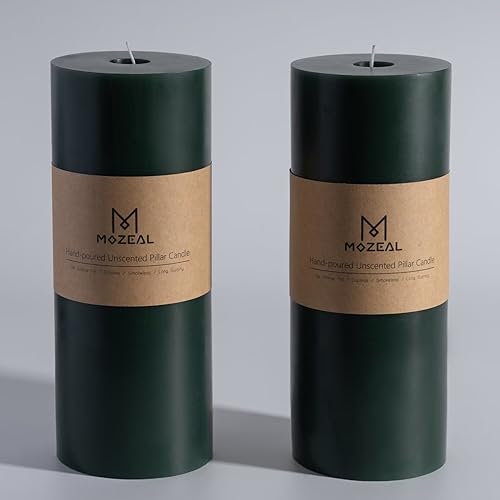 MOZEAL 4x10 Extra-Large Green Pillar Candles (Set of 2) Unscented Dripless