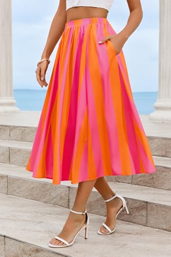 Image of Cicy Bell Womens Summer Striped Maxi Skirts A-Line Beach Vacation Outfits | Elastic Waist, Side Pockets, Flowy, Midi Length, Color Contrast, Trendy Casual
