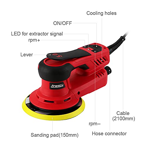 Exzenterschleifer 150 mm 5,0 mm Hub Elektro Exzenter-Schleifer Schleifmaschine Rotationsschleifer mit 20pcs Schleifscheiben Set und Staubabsaugschlauch, 4.000-10.000 U/min, Bürstenloser EC-Motor – Bild 5