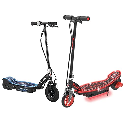 Razor E100 Electric Scooter for Kids Ages 8+ - 8' & Power Core E90 Glow Electric Scooter for Kids Ages 8+ - 90w Hub Motor, LED Light-Up Deck, Up to 10 mph and 60 min Ride Time
