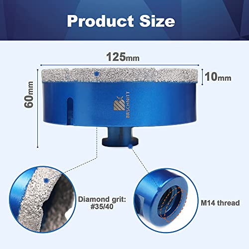 Diamond Drill Bit 125mm,BRSCHNITT 1pc M14 Vacuum Brazed Diamond Tip Drill Bit for Tile Porcelain Stoneware Ceramic Marble Granite Drilling,Suitable For Angle Grinders - Image 2
